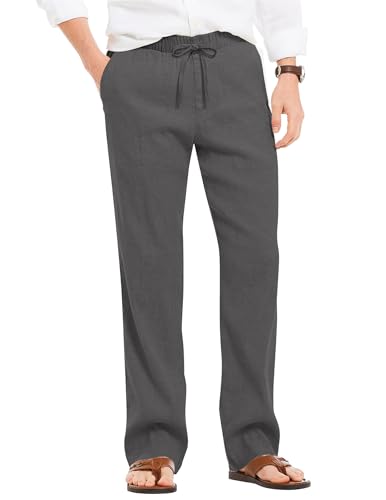 COOFANDY Herren Hosen mit Kordelzug Leichte Sommerhose Leinenhose Freizeithose Strandhosen Schlupfhosen Stoffhose Herrenhose Senioren Hosen mit Gummizug Dunkel Grau XL von COOFANDY