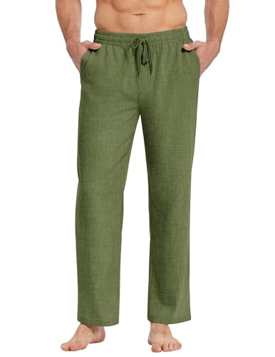 COOFANDY Herren Hosen mit Kordelzug Leinenhose Leichte Sommerhose Schlupfhosen mit Gummizug Strandhosen Casual Freizeithose Stoffhose Herrenhose Senioren Hose Armeegrün 3XL von COOFANDY