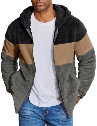COOFANDY Herren Jacke Übergangsjacke Fleece Full Zip Winterjacke Farbenblocken mit Kapuzen Sweatshirt Schwarz+Braun+Dunkel Grau M von COOFANDY