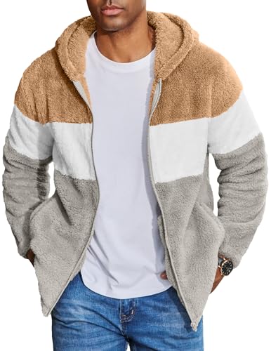 COOFANDY Herren Jacke mit Sweatshirt 3 Farbenblocken Full Zip Winter Kapuzenjacke für Männer Khaki+Weiß+Hell Grau XL von COOFANDY
