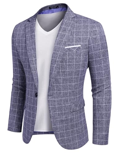 COOFANDY Herren Jacket Sakko Sportlich Slim Fit Langarm Business Sakko EIN Knopf, Blau kariert, Gr. M Karierter Blazer - Blau M von COOFANDY