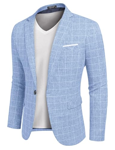 COOFANDY Herren Jacket Sakko Sportlich Slim Fit Langarm Business Sakko EIN Knopf, Himmelblau kariert, Gr. XXL Karierter Blazer - Himmelblau XXL von COOFANDY