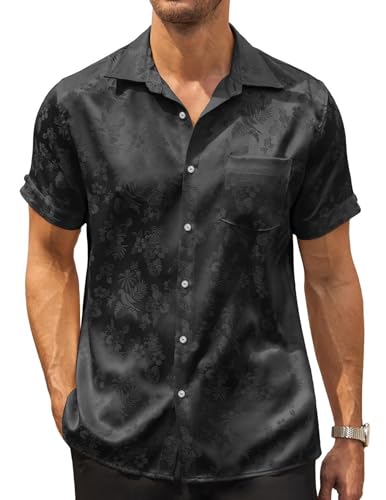 COOFANDY Herren Jacquard Satin Button Down Shirts Kurzarm Seide Shirts Casual Sommer Strand Shirt, 01 Black, L von COOFANDY