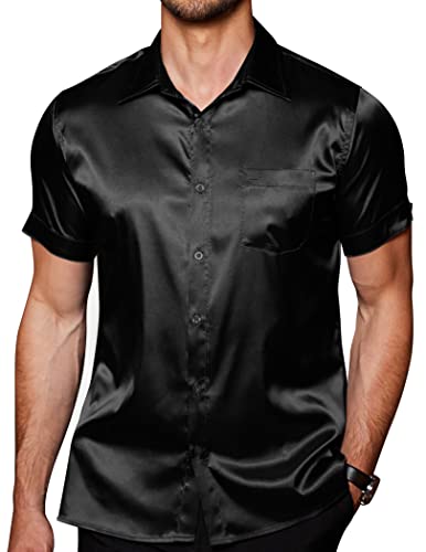 COOFANDY Herren Jacquard Satin Button Down Shirts Kurzarm Seide Shirts Casual Sommer Strand Shirt, Black-pure, L von COOFANDY