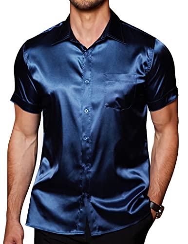 COOFANDY Herren Jacquard Satin Button Down Shirts Kurzarm Seide Shirts Casual Sommer Strand Shirt, Navy Blue-pure, L von COOFANDY