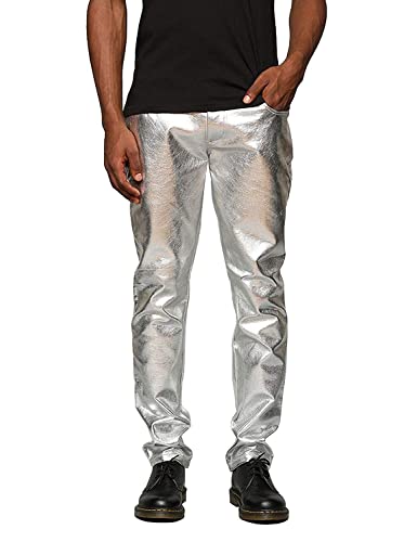 COOFANDY Herren-Jeans, metallisch, glänzend, 70er-Jahre-Party, Tanz, Disco, Nachtclub, Hose mit geradem Bein, 01-luxurious Silver, Mittel von COOFANDY