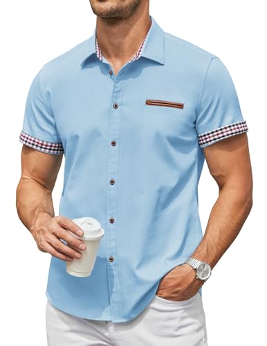 COOFANDY Herren Kurzarmhemd Jeanshemd Sommerhemd Kurzarmhemd Kent-Kragen Denim Shirt Cowboy-Style Freizeithemd für Herren Oberhemd Kurzarm Regular Fit Klares Blau M von COOFANDY