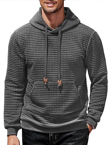 COOFANDY Herren Kapuzen-Sweatshirt Langarm Mode Gym Athletic Hoodies Solid Plaid Jacquard Pullover mit Tasche, grau dunkel, Medium von COOFANDY