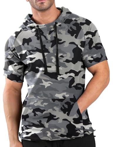 COOFANDY Herren-Kapuzenpullover, kurzärmelig, Workout, Fitnessstudio, Sweatshirt, Muskel-Passform, modisch, athletisch, Pullover, Baumwolle, Kapuzen-T-Shirts, Schwarz Camouflage, Small von COOFANDY