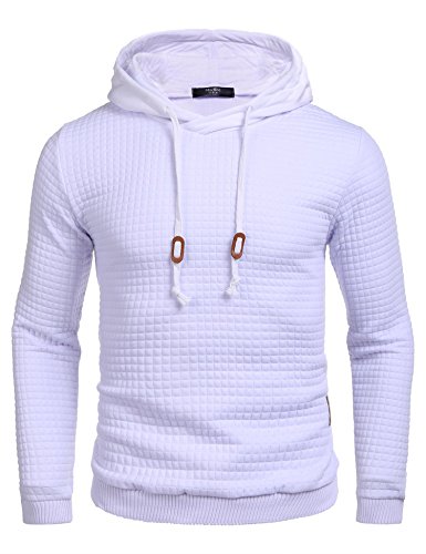 COOFANDY Herren Kapuzenpullover Hipster Gym Langarm Arbeitspullover Kordelzug Karierten Jacquard Pullover Hoodies Weiß L von COOFANDY