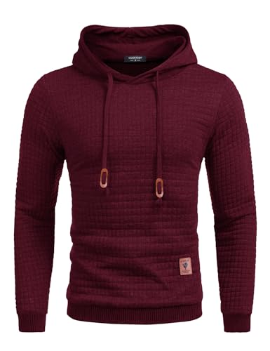 COOFANDY Herren Kapuzenpullover Hipster Gym Langarm Arbeitspullover Kordelzug Karierten Jacquard Pullover Hoodies WeinRot M von COOFANDY