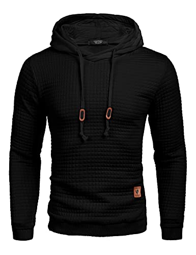 COOFANDY Herren Kapuzenpullover Hipster Gym Langarm Arbeitspullover Kordelzug Karierten Jacquard Pullover Hoodies Schwarz XXL von COOFANDY