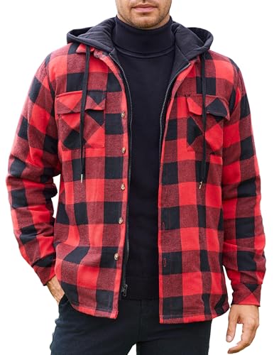 COOFANDY Herren Karierte Jacke Hemdjacke Holzfäller Jacke Gefüttert Hoodie Langarm Flanellhemd Winterjacke Baumwolle Arbeitsjacke Oberhemden mit Kapuze Hellrot S von COOFANDY