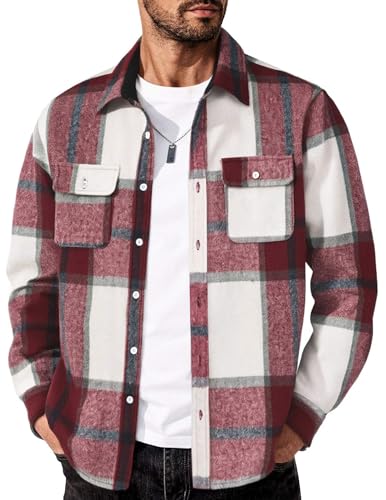 COOFANDY Herren Kariertes Flanellhemd Langarm Karohemd Hemdjacke Freizeithemd Männer Motorrad Hemd mit Tasche Regular Fit Shirt Tweed Plaid-Rot Weiß 4XL von COOFANDY