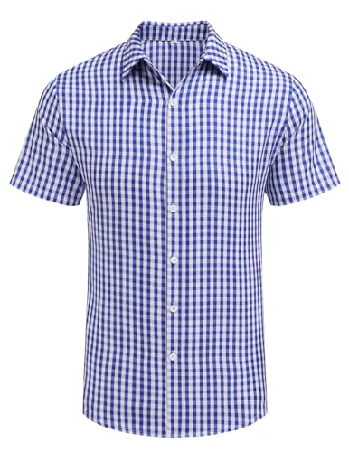 COOFANDY Herren Kariertes Freizeithemd Kurzarm Casual Trachtenhemd Regular Fit Sommer Hemden Für Herren Blau L von COOFANDY