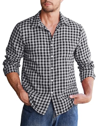 COOFANDY Herren Langarm Kariertes Hemd Casual Flanell Karo Hemden Männer Regular Fit Freizeithemd Button Down Shirt Schwarz-Weiß XL von COOFANDY
