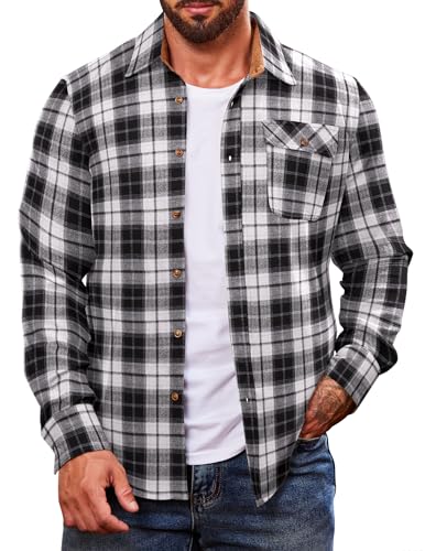 COOFANDY Herren Kariertes Hemd Jacke Knopfleiste Langarm Hemden Western Arbeitshemden, Schwarz-Weiß-Plaid, Mittel von COOFANDY