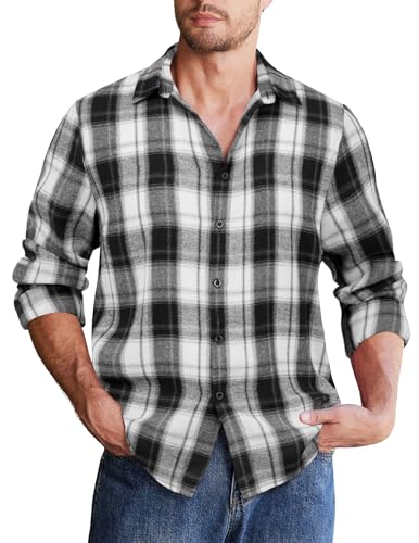 COOFANDY Herren Kariertes Hemd Langarm Trachtenhemden Regular Fit Karohemd Flanell Freizeithemd Männer Button Down Arbeitshemd Schwarz-Weiß-2 XXL von COOFANDY