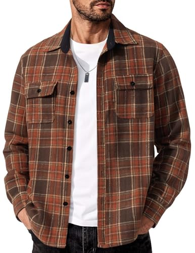 COOFANDY Herren Kariertes Hemd Regular Fit Langarm Herrenhemden Freizeithemd Regular Fit Businesshemd Flanellhemd Motorrad Hemdjacke Plaid-Kaffee Orange Rot 4XL von COOFANDY