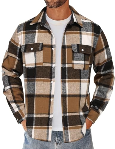 COOFANDY Herren Kariertes Hemd Regular Fit Langarm Herrenhemden Freizeithemd Regular Fit Businesshemd Flanellhemd Motorrad Hemdjacke Plaid-Khaki Schwarz Weiß XXL von COOFANDY