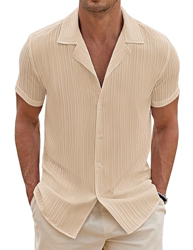 COOFANDY Herren Kuba Hemd Freizeithemd Coole Sommer Hemden Sommer Männer Textured Shirt Kurzarm Hawaiihemd Beach Shirts Loose Khaki XL von COOFANDY