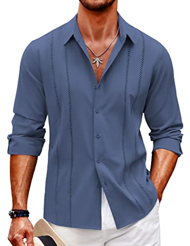 COOFANDY Herren Kubanisches Guayabera Hemd Casual Button Down Shirts Langarm Strand Leinen Hemden, Dunkelblau, Klein von COOFANDY