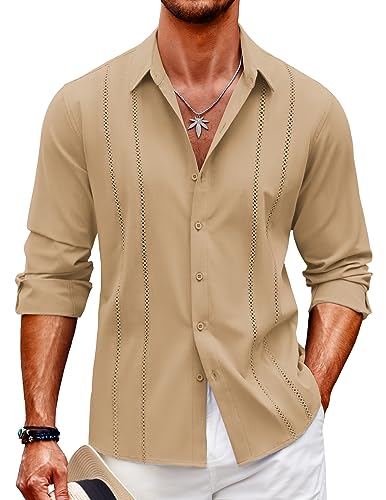 COOFANDY Herren Kubanisches Guayabera Hemd Casual Button Down Shirts Langarm Strand Leinen Hemden, Dunkles Khaki, Mittel von COOFANDY