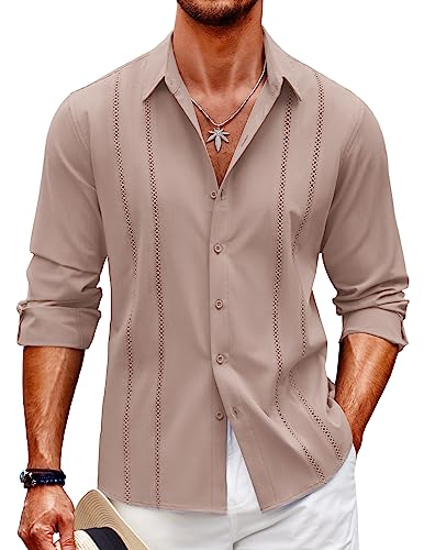 COOFANDY Herren Kubanisches Guayabera Hemd Casual Button Down Shirts Langarm Strand Leinen Hemden, Pink, XL von COOFANDY