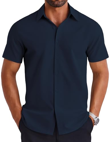 COOFANDY Freizeithemd Herren Kurzarm Sommerhemd Hemd Männer Einfarbig Basic Casual Strand Hemden Shirt Dunkelblau S von COOFANDY