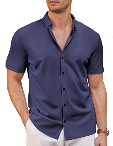 COOFANDY Herren Kurzarm Faltenfreies Hemd Button Down Casual Sommer Kleid Shirts, Blauviolett, Mittel von COOFANDY