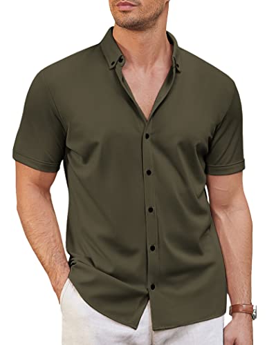 COOFANDY Herrenhemd, kurzärmelig, lässig, mit Knopfleiste, knitterfrei, ungestecktes Hemd, Sommer-Stretch-Kleiderhemden, Grün (Army Green), L von COOFANDY