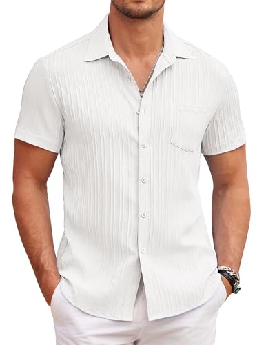 COOFANDY Herren Kurzarm Hawaiihemd Casual Sommer Freizeithemd Männer Textured Herrenhemd Strand Beach Shirt mit Tasche Weiß XXL von COOFANDY