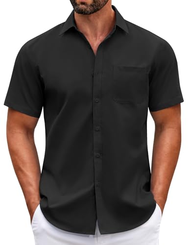 COOFANDY Herren Kurzarm Hemd Sommer Freizeithemd Button Down Basic Formales Tochzeit Business Hemd mit Tasche Schwarz L von COOFANDY