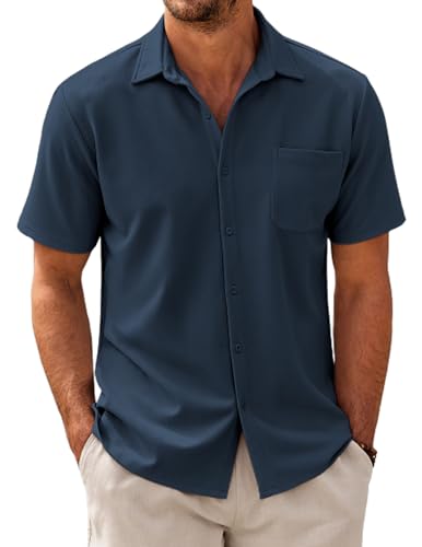 COOFANDY Herren Hemd Kurzarm Business Hemden mit Tasche Freizeithemd Casual Sommerhemd Fischgrätmuster Männer Shirts Blau Violet L von COOFANDY