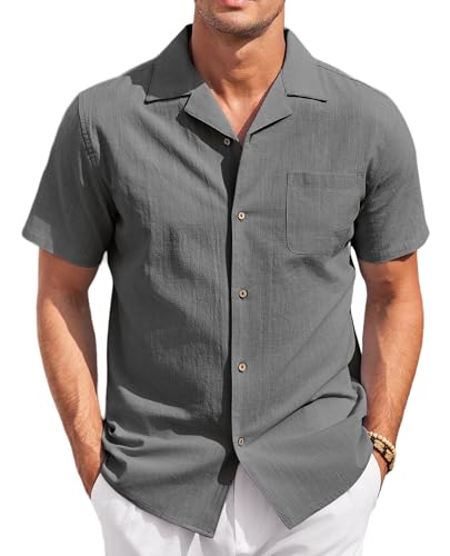 COOFANDY Herren Kurzarm Hemd Freizeithemd Casual Regular Fit Sommer Hemd Leinenhemd Kurzarm Knopfleiste Strandhemd Dunkelgrau L von COOFANDY