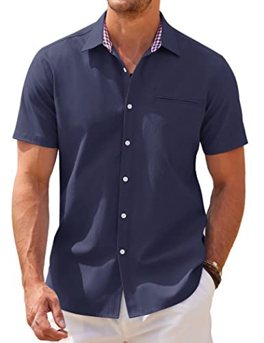 COOFANDY Herren Kurzarm Hemd Freizeithemden Oxfordhemd Casual Baumwolle Sommerhemd Hemden Männer Kurzarmhemden Herren Einfarbig Navy blau L von COOFANDY