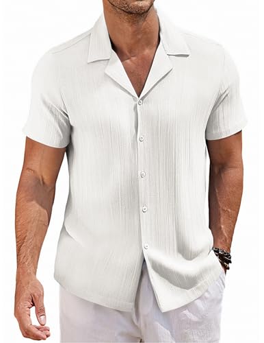 COOFANDY Herren Kurzarm Hemd Kubanischer Hemden Leichtes Sommerhemd Wellenstreifen Männer Hawaiihemd Freizeithemd Regular Fit Weiß L von COOFANDY
