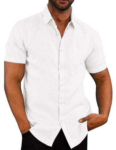 COOFANDY Herren Kurzarm Hemd Leinen Kurzarmhemd Sommerhemd Leinenshirt Freizeithemd Businesshemd Herrenhemden Kurzarm Bügelfrei 01-Weiß XL von COOFANDY