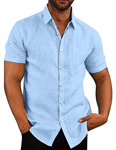 COOFANDY Herren Kurzarm Hemd Leinen Kurzarmhemd Sommerhemd Leinenshirt Freizeithemd Businesshemd Herrenhemden Kurzarm Bügelfrei Himmelblau L von COOFANDY