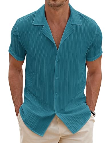 COOFANDY Herren Kurzarm Hemd Männer Freizeithemd Hawaii Hemden Einfarbig Kuba Shirt Gestreiftes Textured Herrenhemd Beach Outfit Blau Grün L von COOFANDY