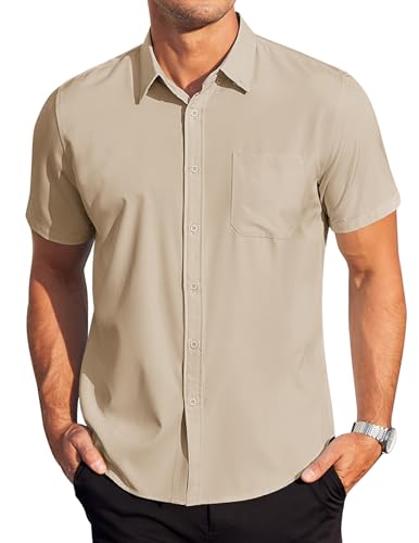COOFANDY Herren Kurzarm Hemd Regular Fit Freizeithemd mit Tasche Casual Business Hemd Einfarbig Sommerhemd Hellbraune 3XL von COOFANDY