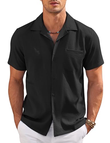 COOFANDY Herren Kurzarm Hemd Regular Fit Männer Hemden Slub Shirt Freizeithemd Kuban Kragen Sommerhemd Hawaiihemd mit Brusttasche Schwarz M von COOFANDY