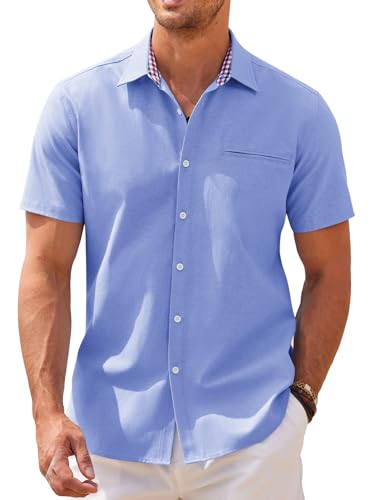 COOFANDY Hemd Herren Kurzarm Sommer Hemd Strandhemd Regular Fit Baumwolle Hemden Business Hemd Casual Standhemden Basic Shirt Himmelblau XL von COOFANDY