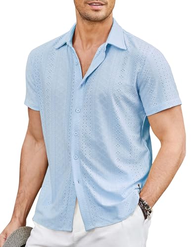 COOFANDY Herren Kurzarm Hemd Sommerhemd Transparent Strandhemd Ausgefallene Hemden Freizeithemden Männer Hemd Kurzarm Urlaub Hemd Hellblau XL von COOFANDY
