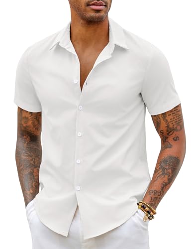 COOFANDY Herren Kurzarm Hemden Slim Fit Businesshemd Bügelfrei Freizeithemd Kurzarmhemden Sommerhemden Herrenhemd Kurzarm Strandhemd Einfarbig Weiß M von COOFANDY