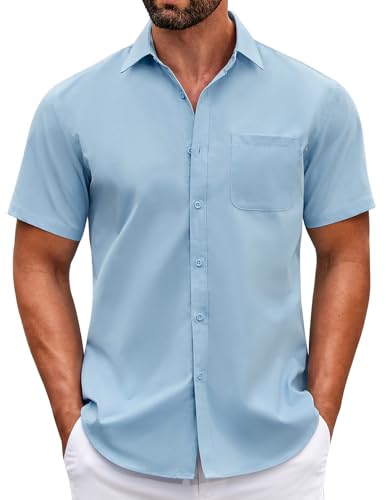 COOFANDY Herren Kurzarm Hemden Sommer Freizeithemd Button Down Basic Formales Tochzeit Business Hemd Blau M von COOFANDY