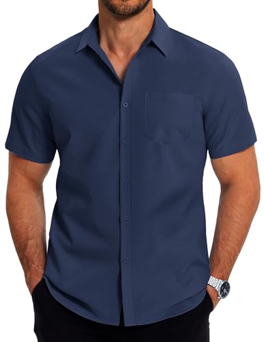 COOFANDY Herren Kurzarm Hemden Sommer Hemden Formales Business Hemd mit Brusttasche Herrenhemd Kurzarm Regular Fit Freizeithemd Büro Hemd Dunkelblau L von COOFANDY