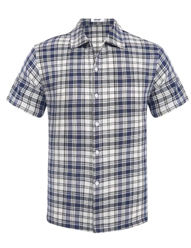 COOFANDY Karierte Hemden Herren Sommerhemd Herrenhemd Kurzarm Trachtenhemd Karohemd kurzarmhemden Flanellhemd Holzfällerhemd Blau & Weiß L von COOFANDY