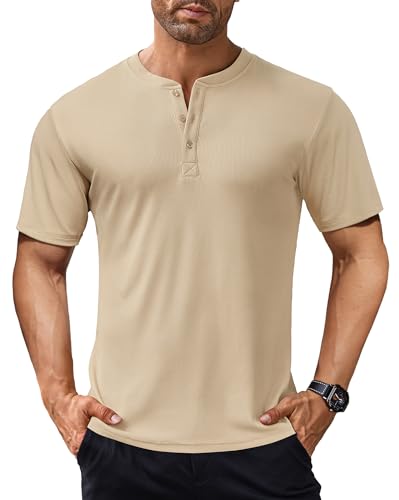 COOFANDY Herren Kurzarm Henley Shirts Stretch Gerippte T-Shirts Casual Button Basic Tops, Khaki, Mittel von COOFANDY
