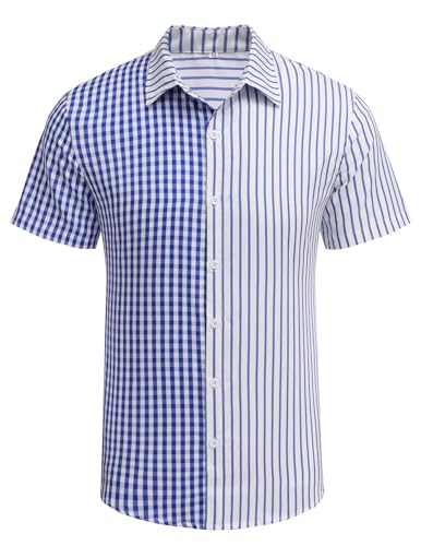 COOFANDY Herren Kurzarm Kariertes Hemd Gepatcht mit gestreiftem Hemd Casual Freizeithemd Sommer Kariertes Button Down Tiefblau XXXL von COOFANDY